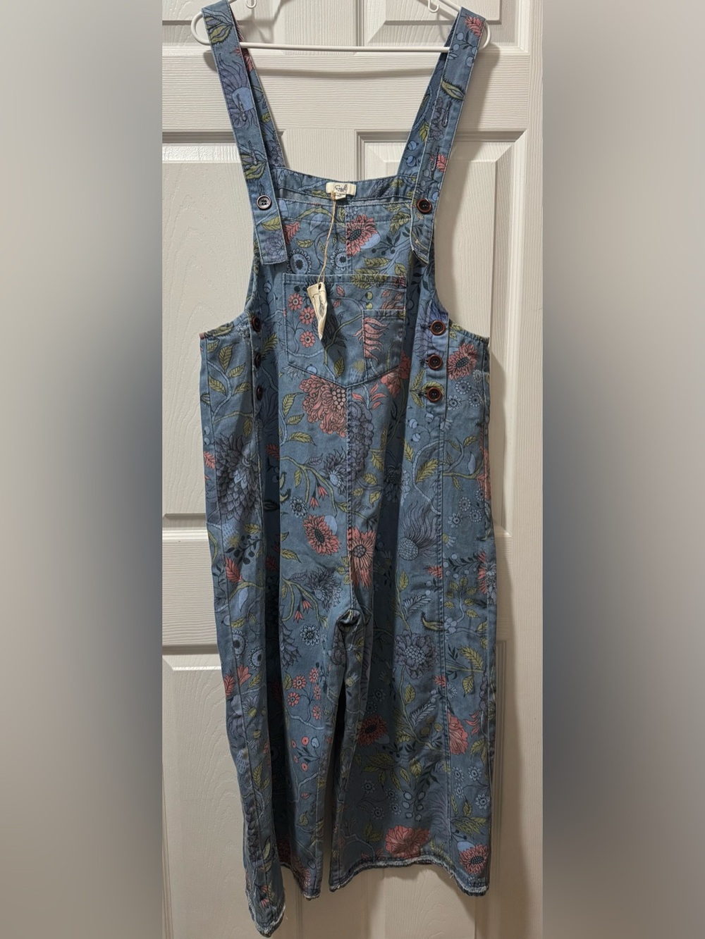 easel Blue Floral Denim Overalls Jumpsuit